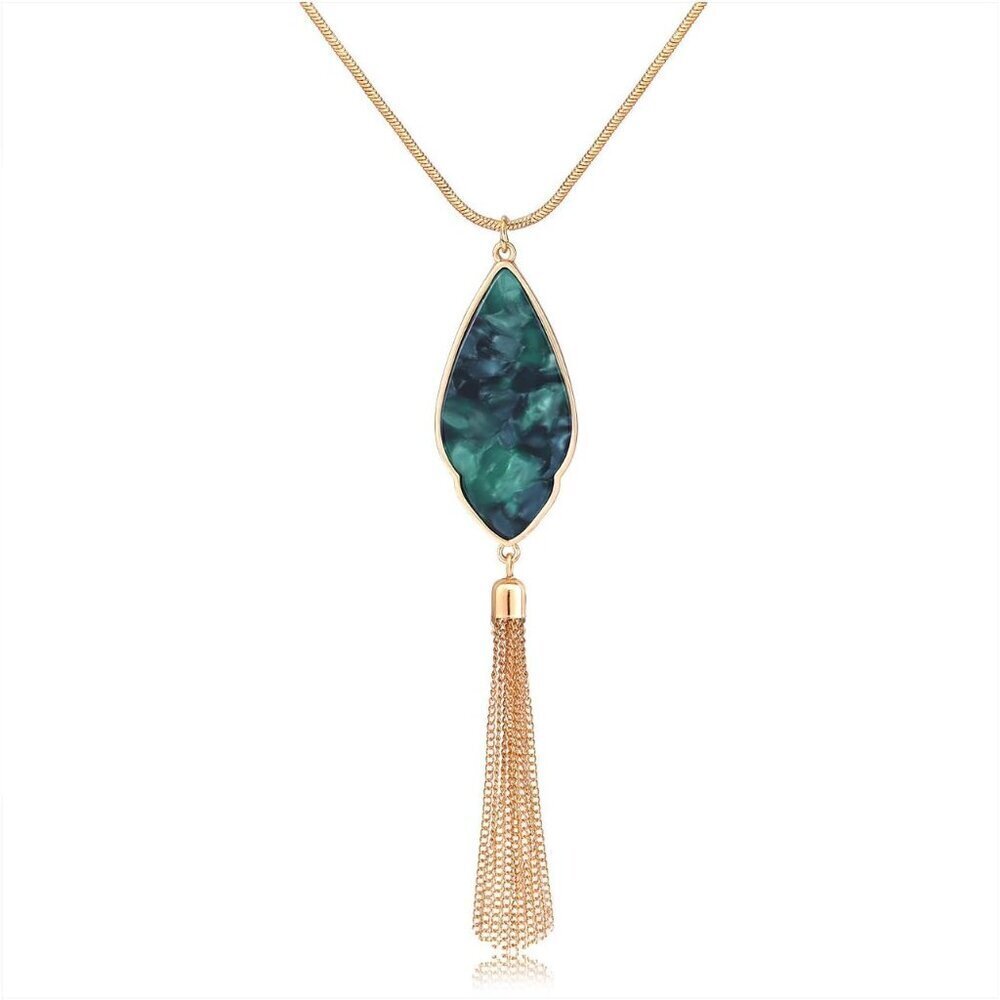 Boho Arrowhead Pendant Necklace Green Tassel Y Chain